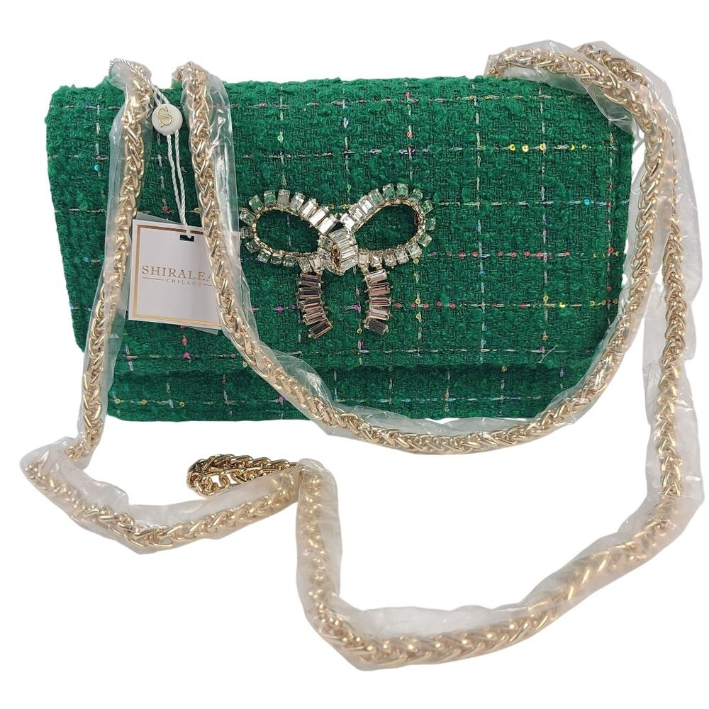 NWT Shiraleah Green Roa Tweed Shoulder Bag Rhinestone Bow Gold Chain Strap